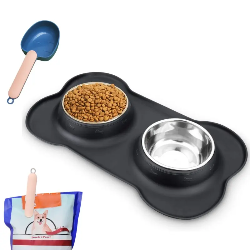 Small size Double Dog Food Bowls Stainless Steel & Water Dish with No-Spill and Non-Slip Silicone Mat, 1/2 Cup/12 oz each+1 food spoon, Removable Puppy Feeder Bowls for Small Medium Size Cat Dogs Kitten