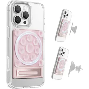 Silicone Suction Phone Case Adhesive Sticky Grip Stand with Mag-Back for MagSafe Car/Wall Mounts, Strong Magnetic Holder for Fridge, Gym Equipment, Shower, Hands-Free Selfie (Pink, Adhesive)