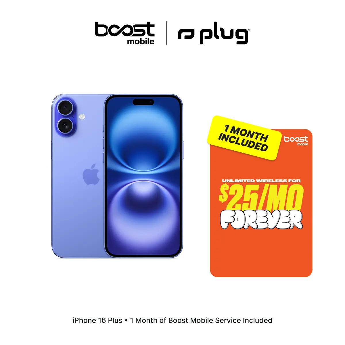 Refurbished Apple iPhone 16 Plus (Unlocked) + 1 Month of Unlimited Boost Mobile Service Included - Good Condition with 1-Year Warranty by Plug