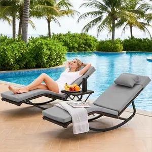 [Summervibes]3pcs/PAck  Adjustable Back Armless  Patio Rocking Pool Reclining Chaise  - Water-Resistant Outdoor Recliners, Includes Side Table, Removable Pillow, Easy Move & Fold, 400lb Capacity