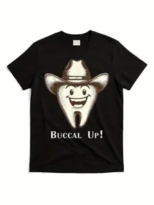 Western Cowboy Dental Squad Graphic T-Shirt - "BUCCAL UP!" Humorous Tooth Character Design, Soft Breathable Cotton, Lightweight Crew Neck Tee for Dentists, Hygienists & Dental Assistants - Unisex Casual Machine Washable Black Shirt, Healthcare Professiona