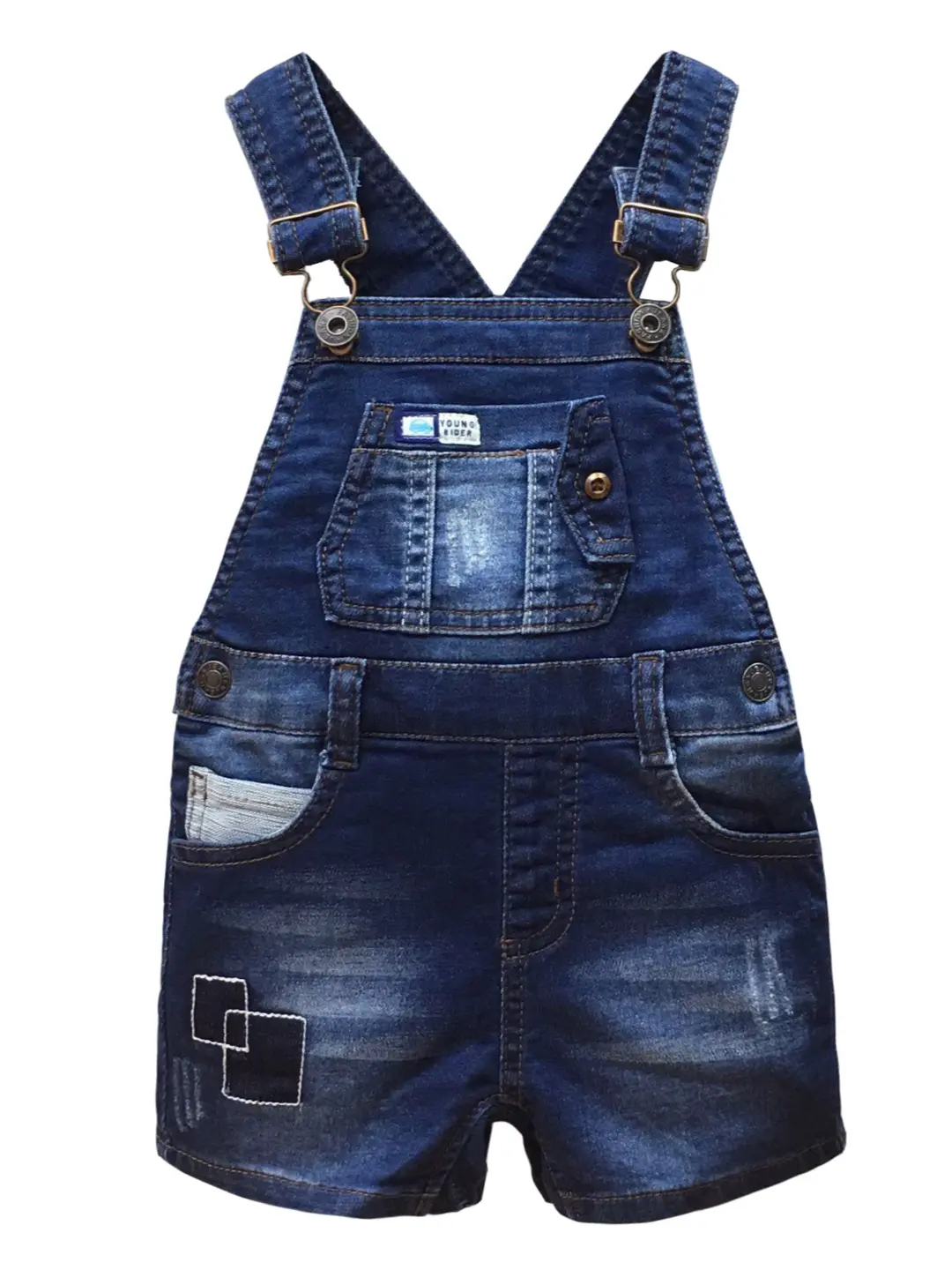 Kidscool Space Unisex Toddler Dark Wash Denim Shortalls, Side Button Jean Overalls, 12M-5T, Contrast Stitch, Easy T-Shirt Layer, Layers Over Bodysuits, Pairable with Onesies & Sandals, Easy Tshirt Layer, Cotton Denim