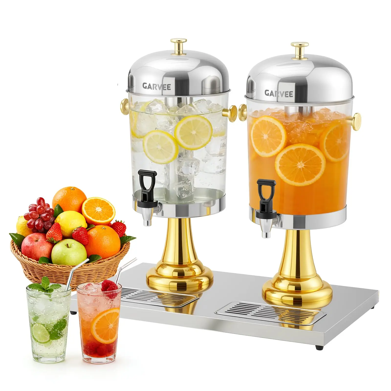 2 x 2.2 Gallon Drink Dispenser, Large Drink Dispenser with Ice Core, Stainless Steel Beverage Dispenser with Stand for Cold Drinks for Cold Drinks, Juice, Lemonade, Iced Tea. Gold and Silver