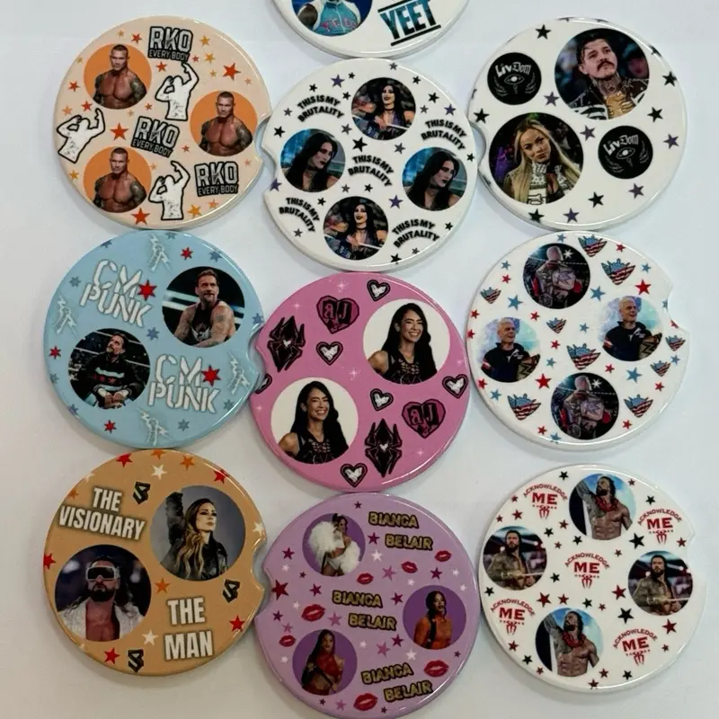 Wrestling Pattern Inspired Car Coasters - Handmade Ceramic Coasters, 2.56in Wide, Perfect for Car Decor Car Auto Accessory Car Accessories