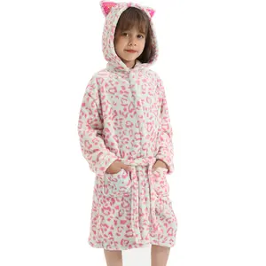 Leopard Cat Fleece Hooded Robe for Girls, Plush Bathrobe with Pockets, 3-12Y Kids Gift Fluffy Pajamas