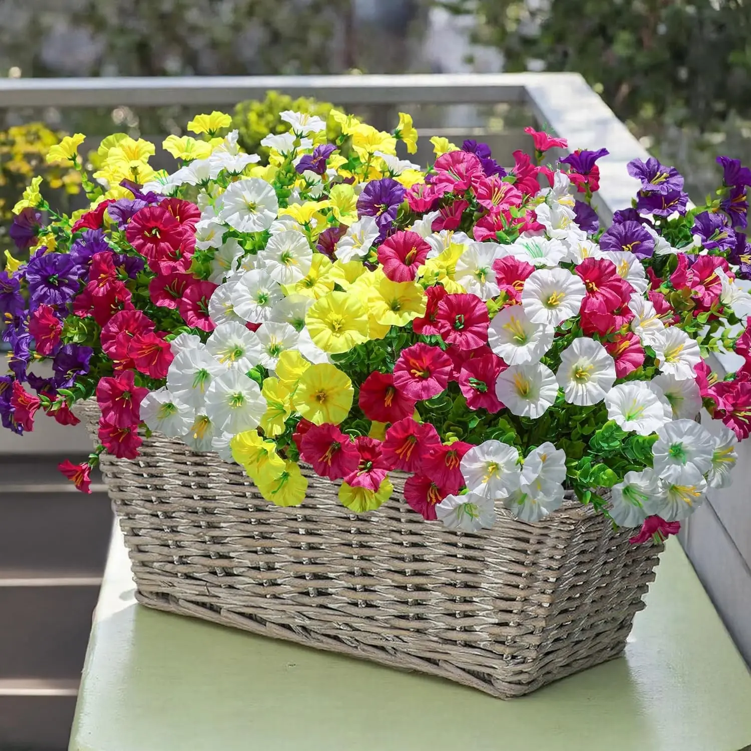 Artificial Flowers Fake Plants for Outdoor Decoration, 12 Bunches Silk Morning Glory Eucalyptus, Plastic Faux Flowers, Decorative Faux Flower, UV Resistant Artificial Flowers for Garden Home