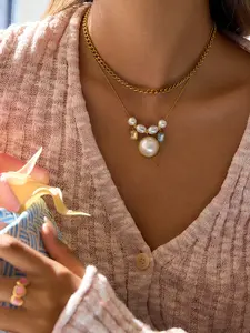 Ladies Necklace Pearl Bicolored Zircon Pendant Stainless Steel 18k Gold Plated Waterproof Anti Allergy Classic Elegant And Sweet Rococo Style Aesthetic Jewelry