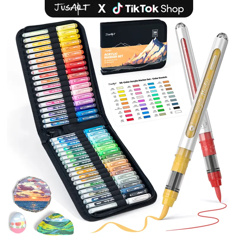 【Back to school shopping】JusArt 36 Colors Acrylic Paint Markers Set (Painting Bag), Waterproof Flexible Tip Acrylic Markers, Premium Paint Pens for Various Surfaces, Acrylic Paint Markers, Markers for Coloring, Art Supplies, Acrylic Marker