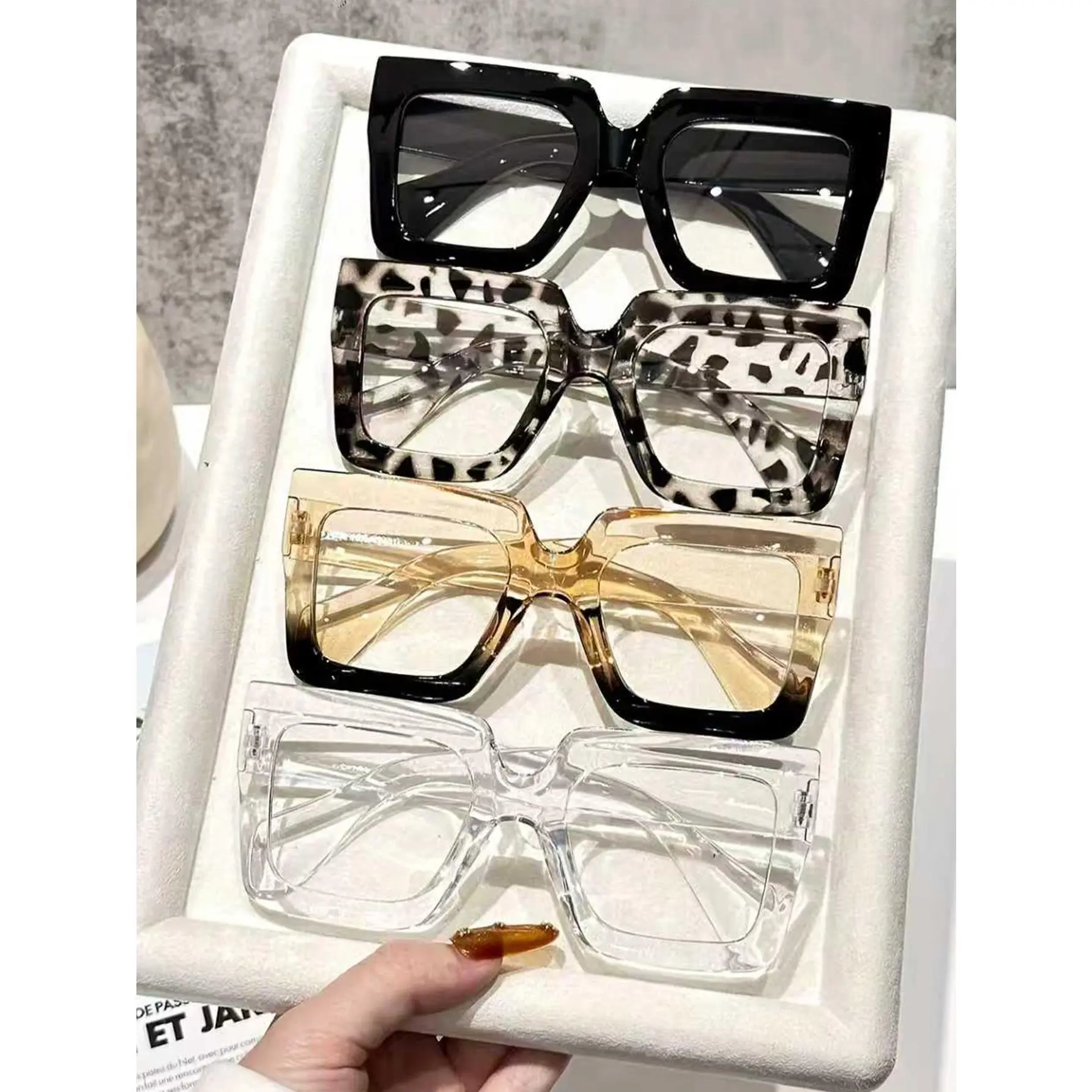 Unisex 4-Pcs Non-Prescription Glasses Set - Oversized Rectangular Plastic Frames, 4-Lens 2-Tone Multicolor, Lightweight Comfortable Trendy for Daily Wear, Holiday Styling, Rectangular Non-Prescription Glasses, Plastic Non-Prescription Glasses