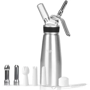 500ml/1 Pint Whipped Cream Whip Canister with 6 Decorating Nozzles Cleaning Brush, Leak Free Whipped Cream Maker for Desserts Dips, Fits 8g Whipped Cream Charger