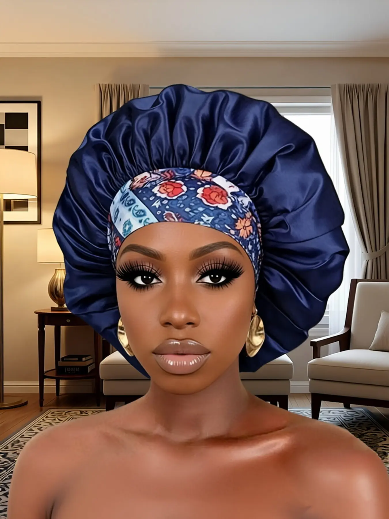 blue color 1PC Ethnic style elastic headband sleeping cap African headband cap color dye chemotherapy cap hair protection cap shower cap Flowers