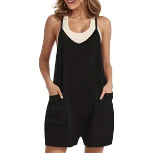 Women's Casual Rompers Summer Sleeveless Jumpsuits Loose Spaghetti Strap Shorts Overalls Trendy Outfits With Pockets tshirt flattering activewear