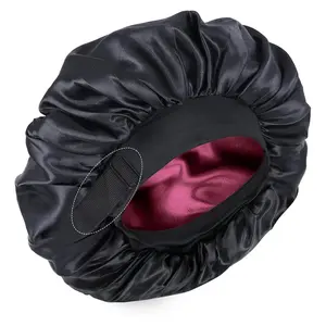 Double Layer Satin Adjustable Elastic Band Sleep Cap Shower Cap 30cm Diameter Bonnet Beauty Cap Black Rose Red Large Size with Adjustable Buckle Sleep Cap