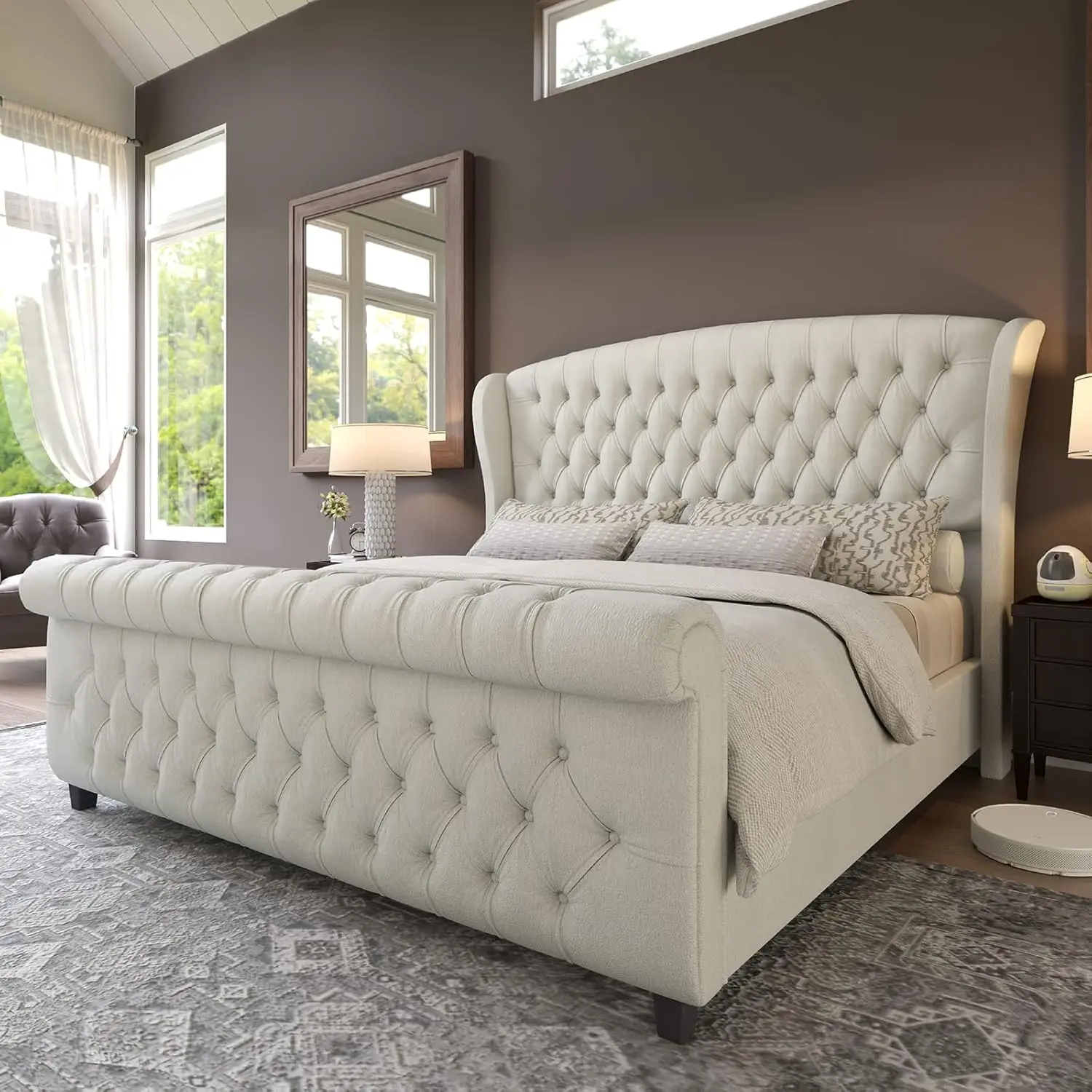 [SummerSale] AMERLIFE Platform Bed Frame,Velvet Upholstered Sleigh Bed with Scroll Wingback Headboard&Footboard/No Box Spring Required/Christmas Gift/Best Gift Ideas