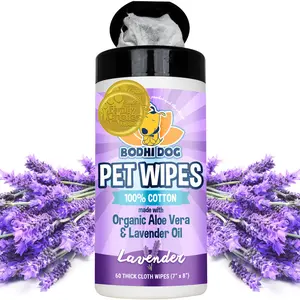 Bodhi Dog Pet Wipes - 60 Thick Cloth Wipes for Dog Grooming with Lavender & Organic Aloe Vera & Lavender, No Parabens or SLS Clean