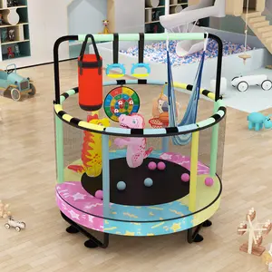 Lamerge Mini Round Trampoline For Kids 7-in-1 Toys,55" Indoor Outdoor Kids Trampoline With Basketball Hoop,SWing,Hanging Rings,Ocean Balls,Sandbag,Dartboard,Inflatable Dinosaur,Small Trampoline Gift for Boys Girls Playroom trampoline