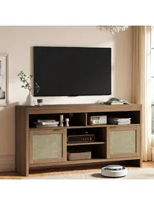 Modern TV Stand, 58-in Rattan & Wooden Boho Entertainment Center with Adjustable Shelving and Storage, 65-in Capacity TV Shelf for Living Room & Farmhouse (Natural Oak)
