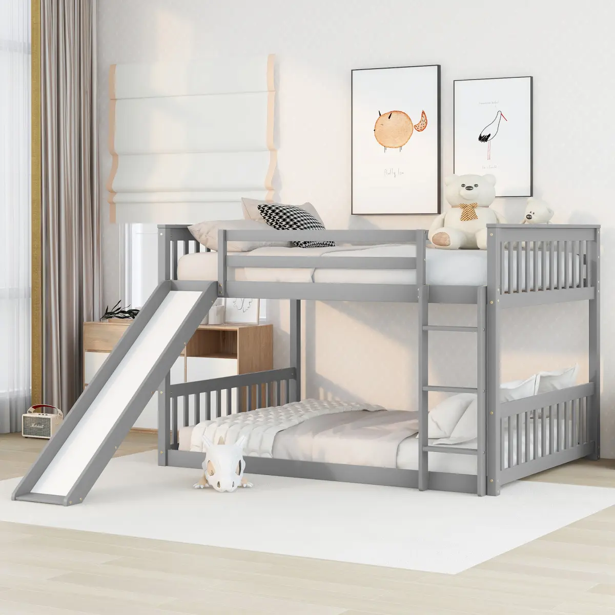 [Bellemave]Full over Full Bunk Bed with Slide and Ladder in Grey Color    RR