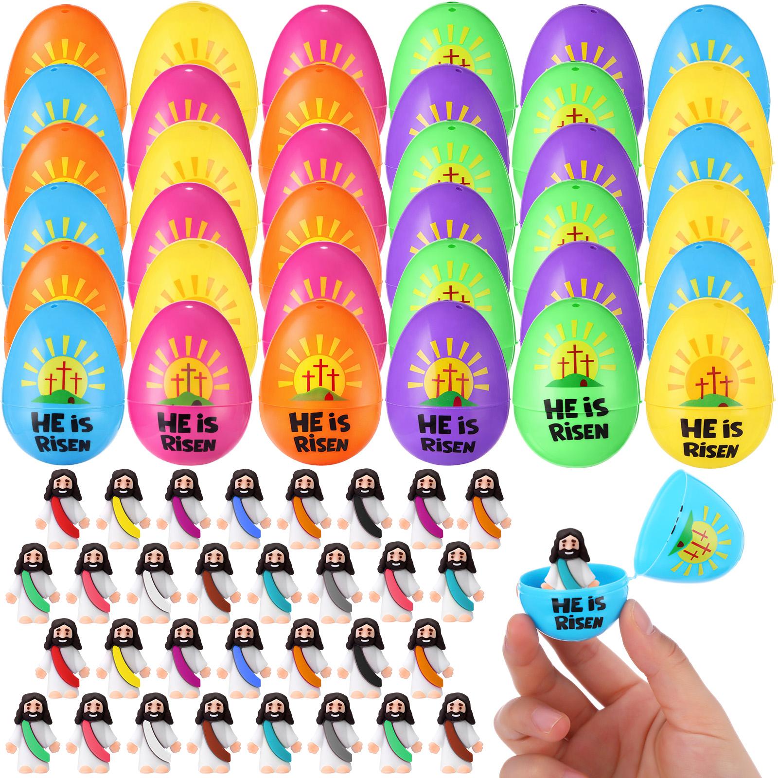 12set/24set/30set/36set/48set/50set/60set Prefilled Easter Eggs with Mini Jesus Figures for Easter Egg Hunt Basket Stuffers Fillers He Is Risen Easter Eggs Filled with Mini Jesus Figures for Boys Girls Outdoor Play Classroom Prize Easter Party Favors