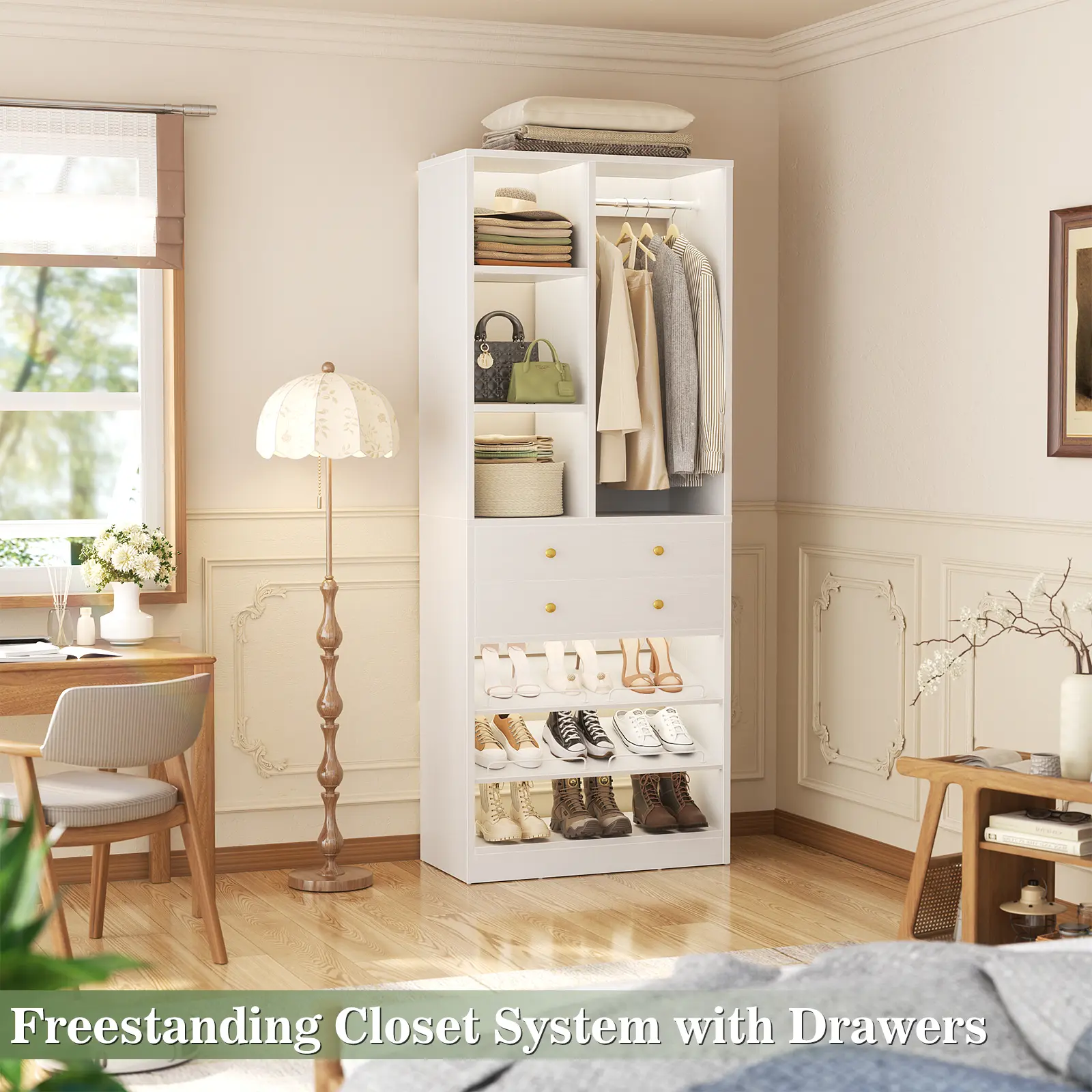 iSunirm Small Closet System, 28"/2.3 FT Wood Closet Organizer System with Drawers and Shelves, Walk-in Closet Systems for Small Closets, Free Standing Reach in Closets Tower