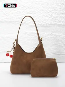 Melamine Suede Women's Shoulder Crossbody Bag with Underarm Carry, Vintage Crescent Tote Bag, Fall/Winter Shoulder Bag, Hobo Shoulder Bag, Cherry Pendant Accessory, Ideal for Daily Commutes or Family Outings, Handbag Shoulder Purse