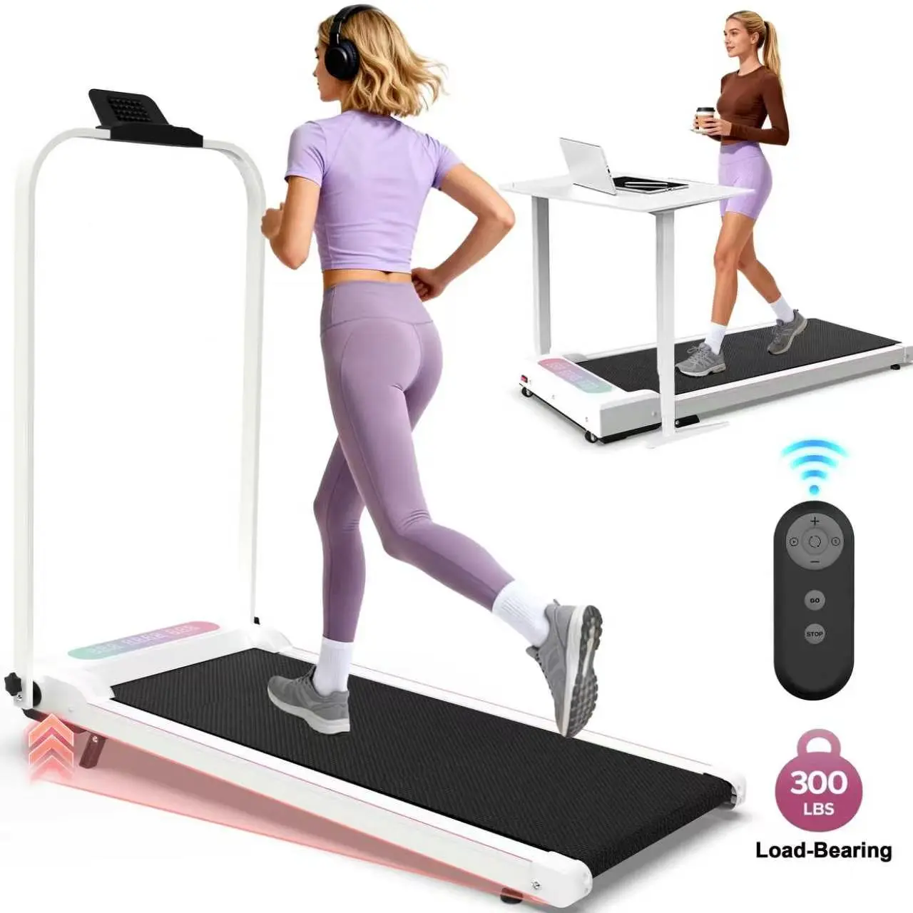 【KINMAC】300lbs Foldable Treadmill with Handle Bar & Incline 2 in 1 Upgrade Portable Under Desk Walking Pad Remote Control for Home Office Small Spaces