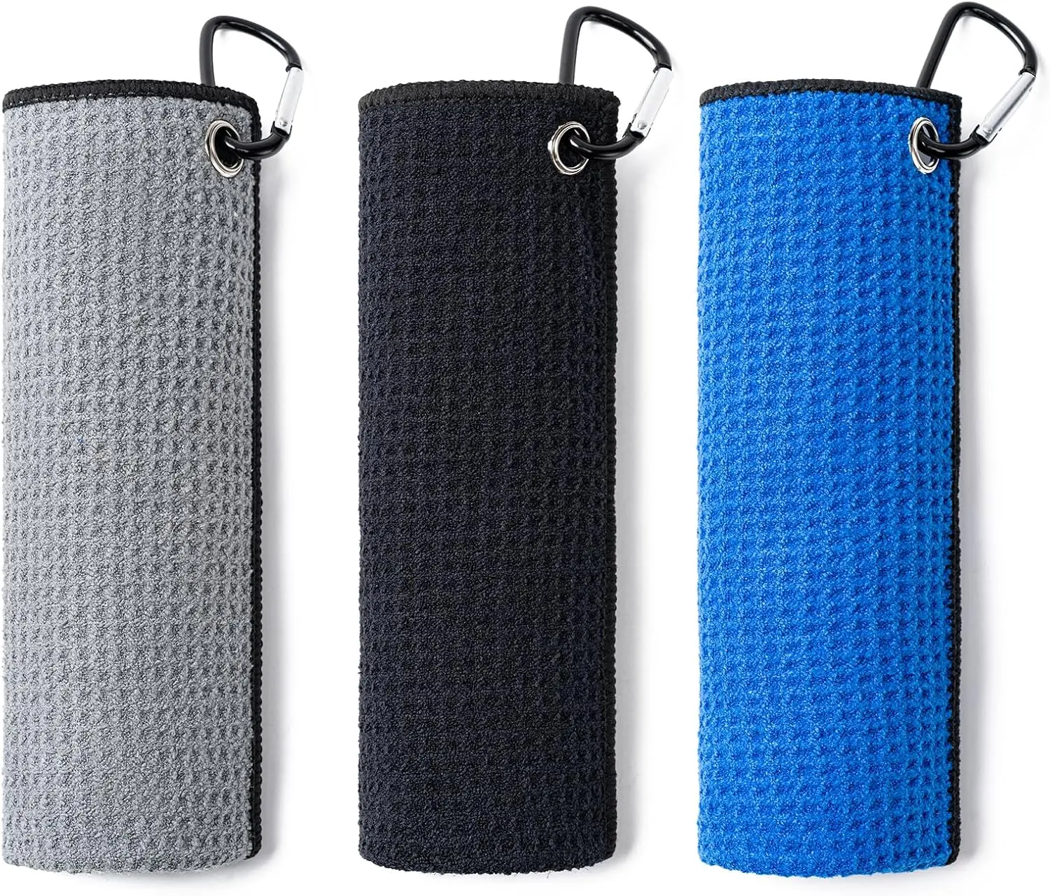 3 Pack Golf Towels(16" X 16") with Carabiner Clip,Microfiber Fabric Waffle  Towels for Golf Bags,Tri-Fold Portable Towels for Men Women,Blue/Black/Gray
