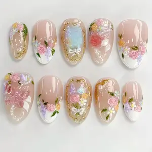 Spring New Almond Shape Nail Art, Handmade Elegant Rhinestone Decorated Press-On Nails, French Tip Nails, Medium Glossy Finish, Perfect for Women Girls Party & Various Occasions