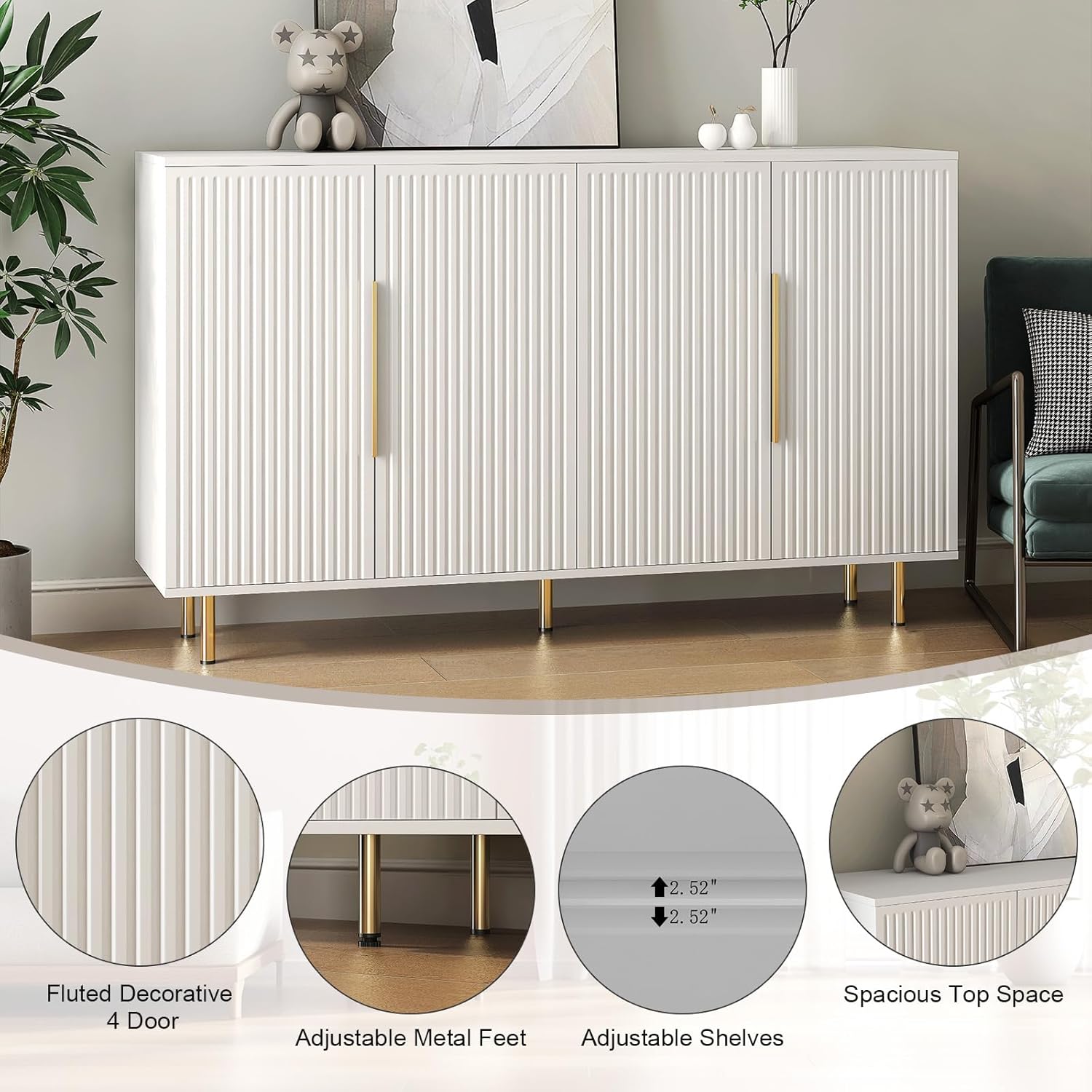 56"Modern Buffet Cabinet with Storage，Wood Credenza with 4 Fluted Doors and Adjustable Shelves, for Living Room, Kitchen, Entryway, White