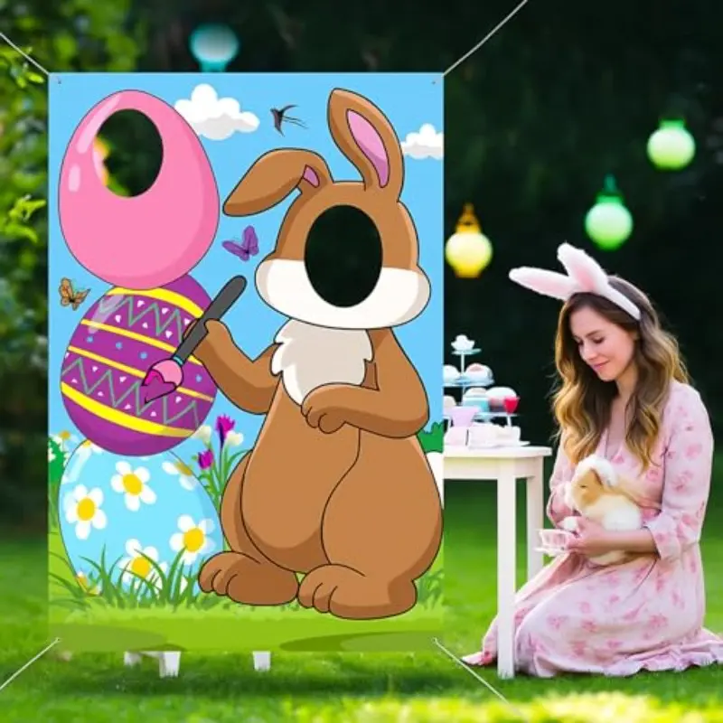 Easter Bunny Photo Door Banner, Large Fabric, Happy Easter Photo Props, Egg Bunny Face Backdrop, Polyester, Washable, Pull Flag Banner, Photo Backdrops, Party Decoration Supplies, Yard Sign Banner, Party Decorations Banners