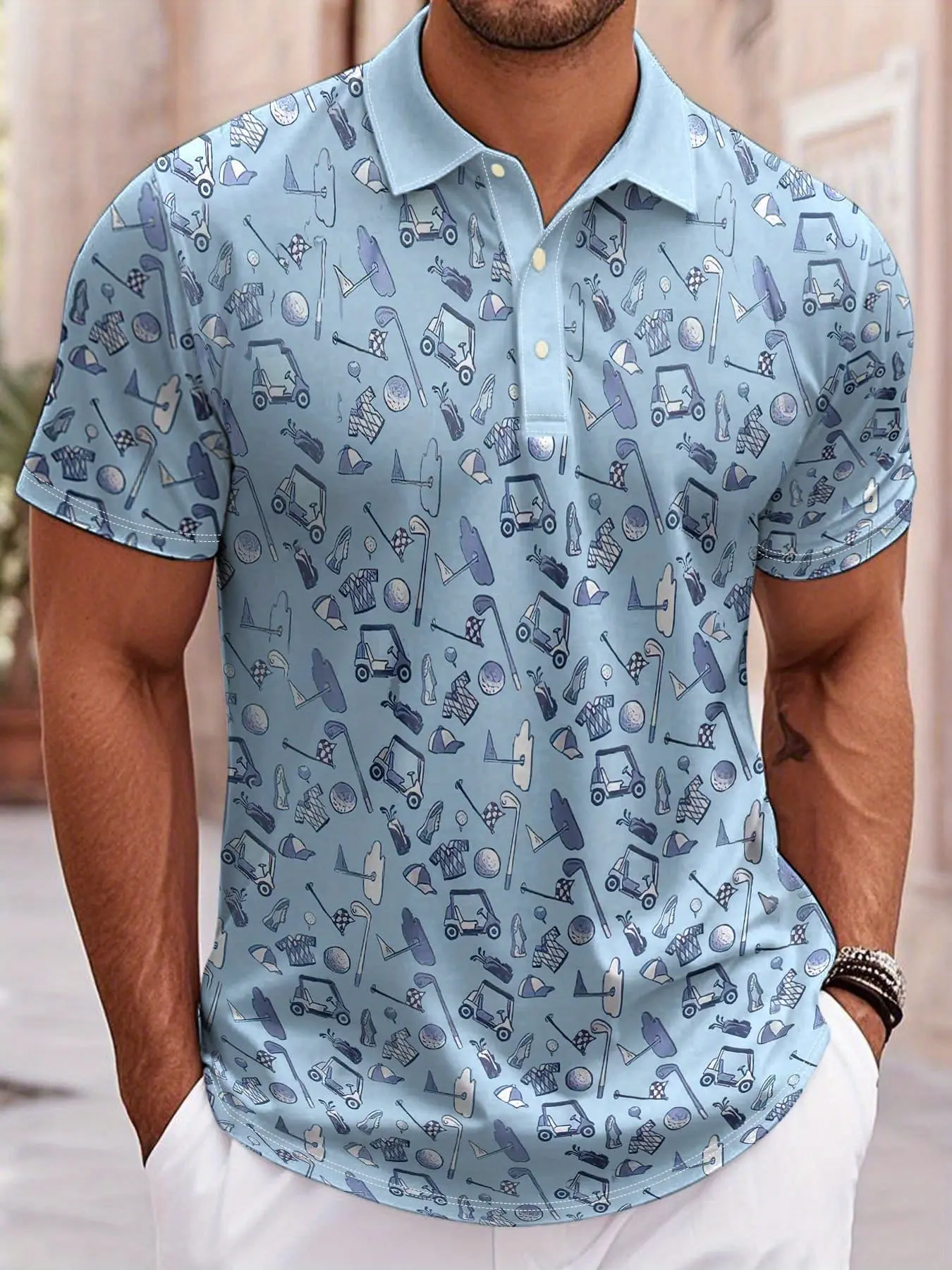 Light blue short-sleeved buttoned polo shirt, fully printed with golf elements, such as golf carts, golf clubs, golf balls, patterns, casual sport style, suitable for golf activities or daily leisure, polyester fabric, Casual Wear, Printed Polo Tops