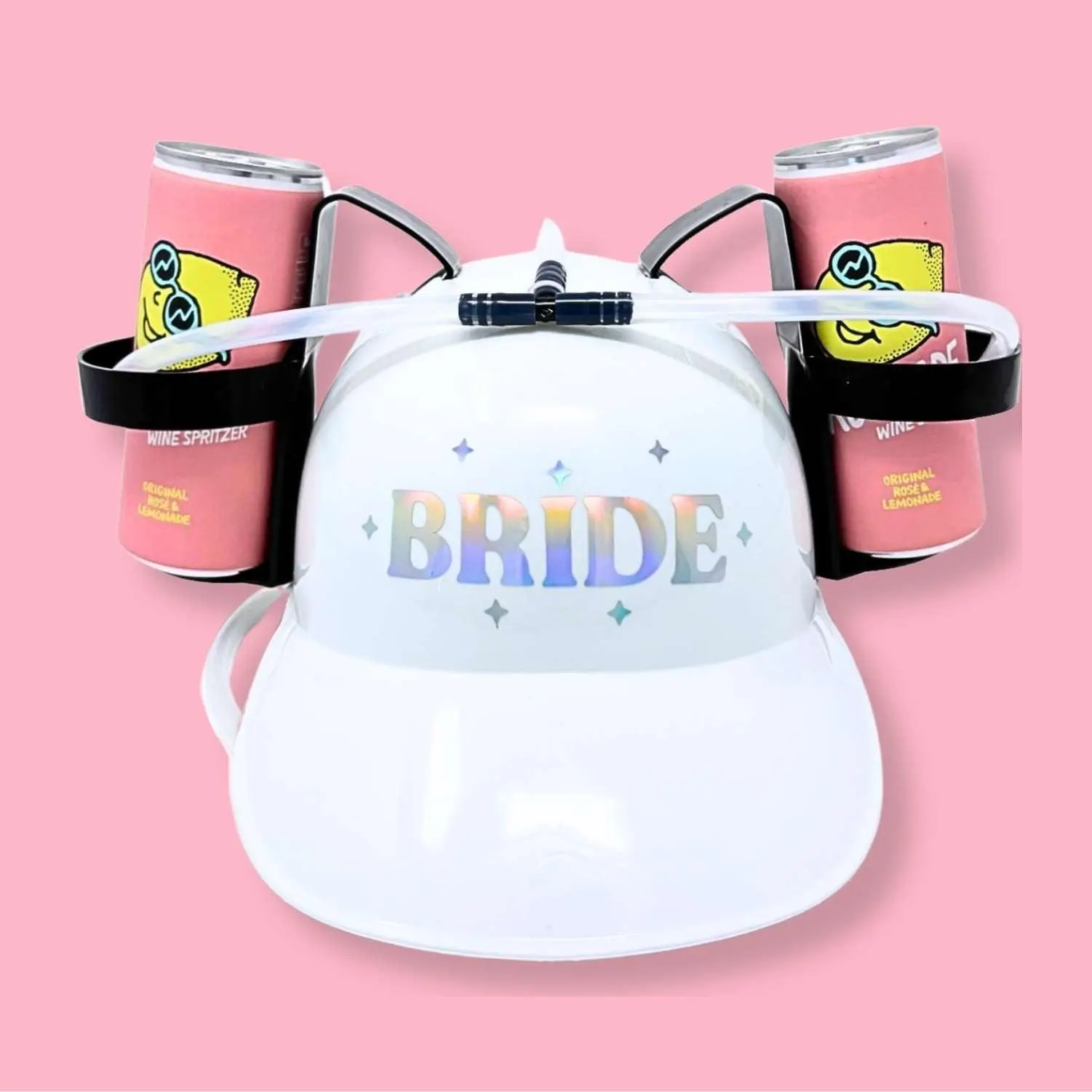 Stag & Hen Bride Beer Drinking Helmet for Bachelorette Party - Adjustable Strap, Holds 2 Cans With Straws, Iridescent Bride Logo, Funny Bridal Gift