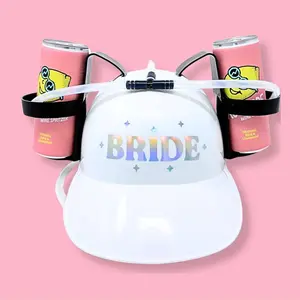 Stag & Hen Bride Beer Drinking Helmet for Bachelorette Party - Adjustable Strap, Holds 2 Cans With Straws, Iridescent Bride Logo, Funny Bridal Gift
