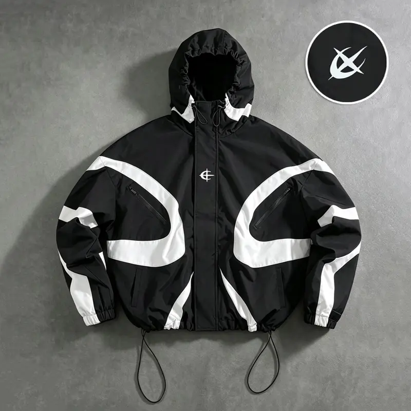Men’s color-block short functional hooded jacket featuring contrasting panels and a windproof design, equipped with an adjustable drawstring hem and cuffs—ideal for skateboarding, hiking, cycling, daily commuting, and casual outdoor wear.
