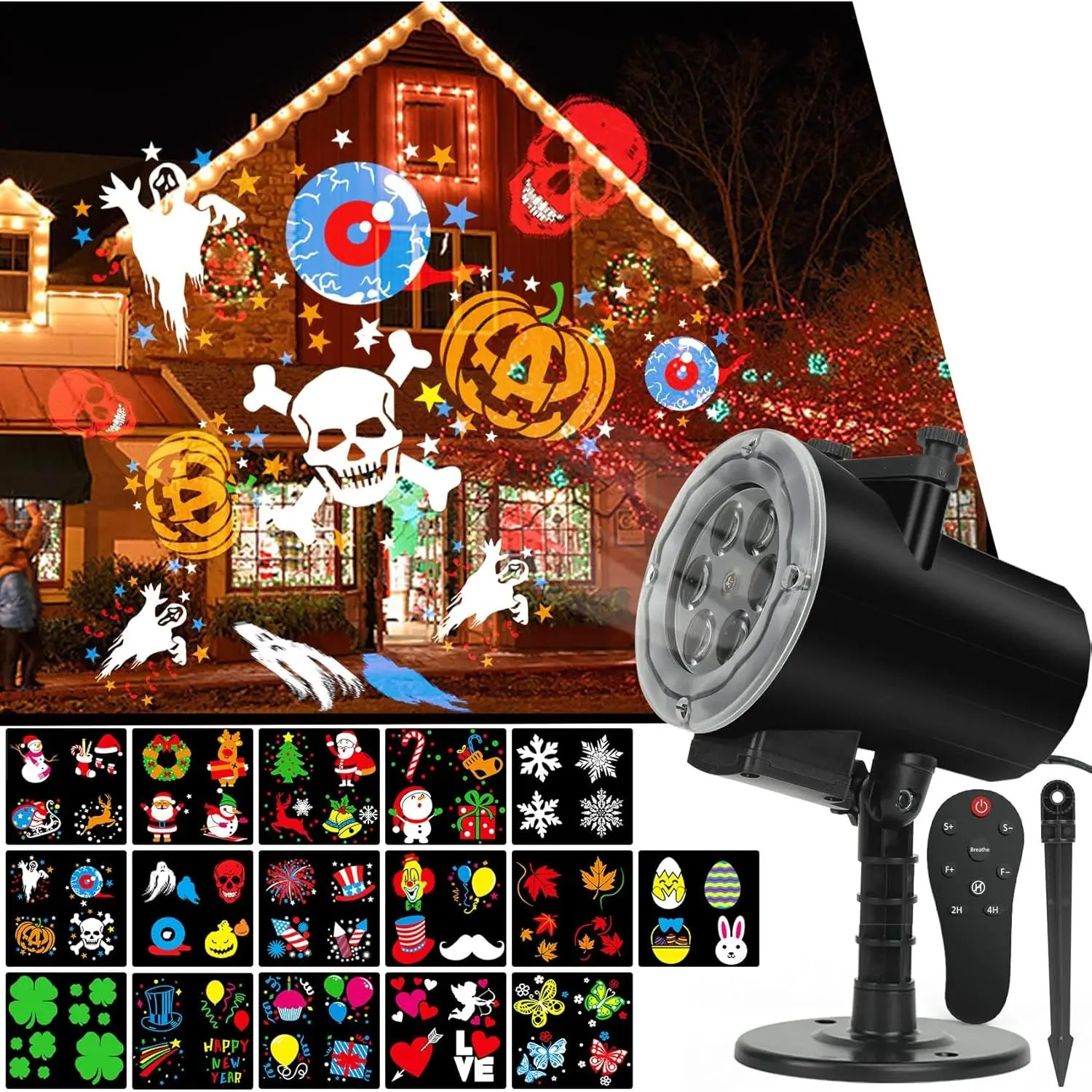 Christmas Halloween Lights Projector, IP65 Indoor Motion Remote Control 10W LED Projector, 16 Slides Holiday Light Party Outdoor Garden House Apartment  Room Night Light