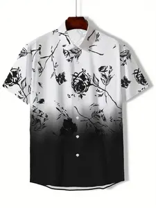 Men's Short Sleeve Blouse, Casual Fitted Summer Shirt, Gradient Ink Floral Print, Comfortable Daily Wear Top