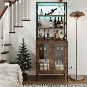 Gaomon 67" Tall Home Bar Cabinet Furniture, Wine & Liquor Storage with Built-in Power Outlets, LED Lighting, Glass Holder, Coffee Bar, Microwave Stand for Living Room, Brown