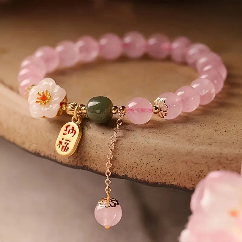 Elegant Sakura Blossom Bracelet for Women, Pink Crystal & Glass Bead Charm Jewelry, Handmade Adjustable Birthday Gift, Bracelets, Colored Crystal Bracelets & Bangles
