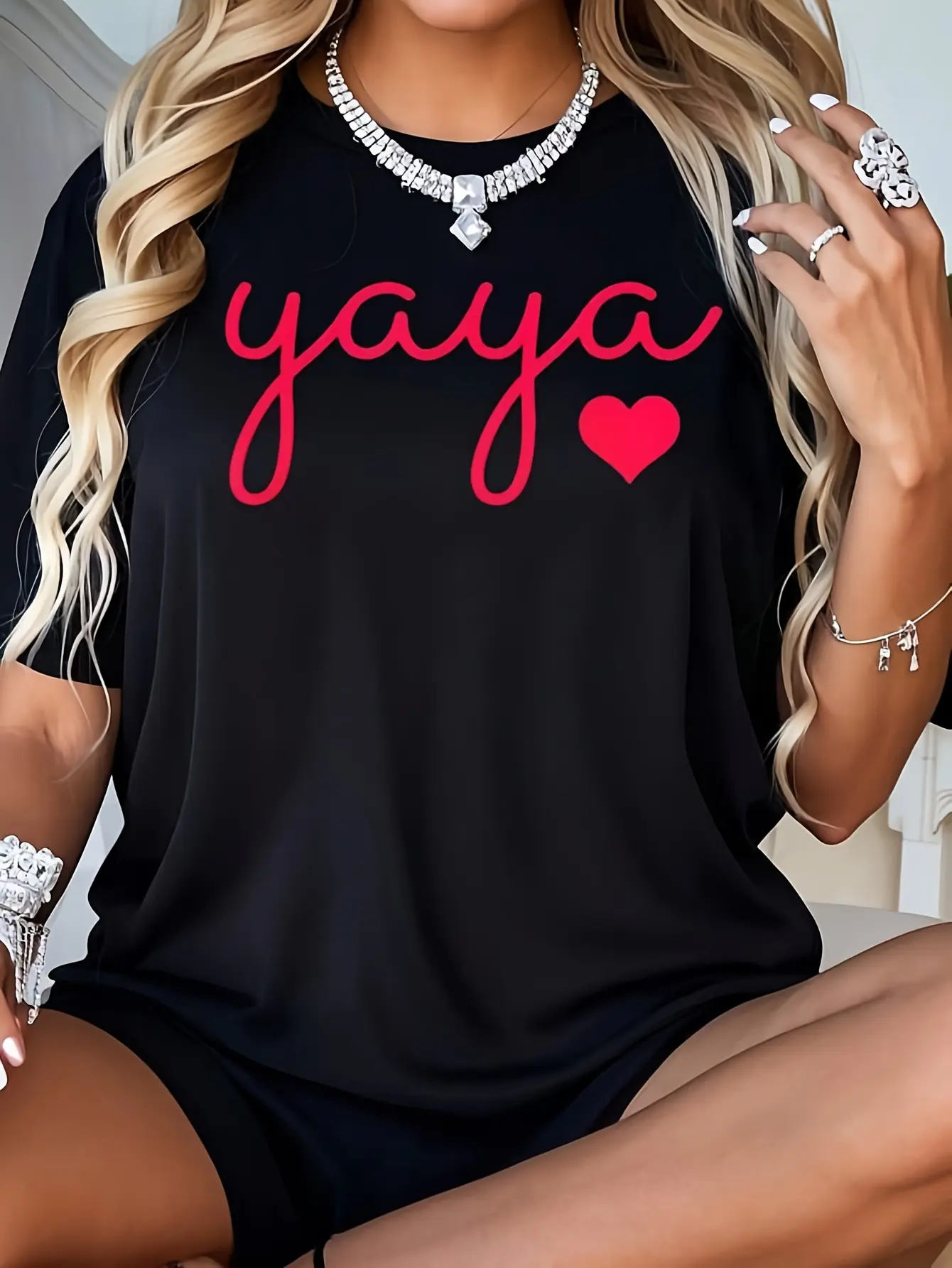 Plus Size - Plus Size - Women'S Yaya Grandma Graphic T-Shirt| Soft Breathable Short Sleeve Round Neck Casual Top with Heart & Yaya Print - Lightweight Comfortable Casual Attire, Machine Washable - Perfect Gift for Grandma, Birthday