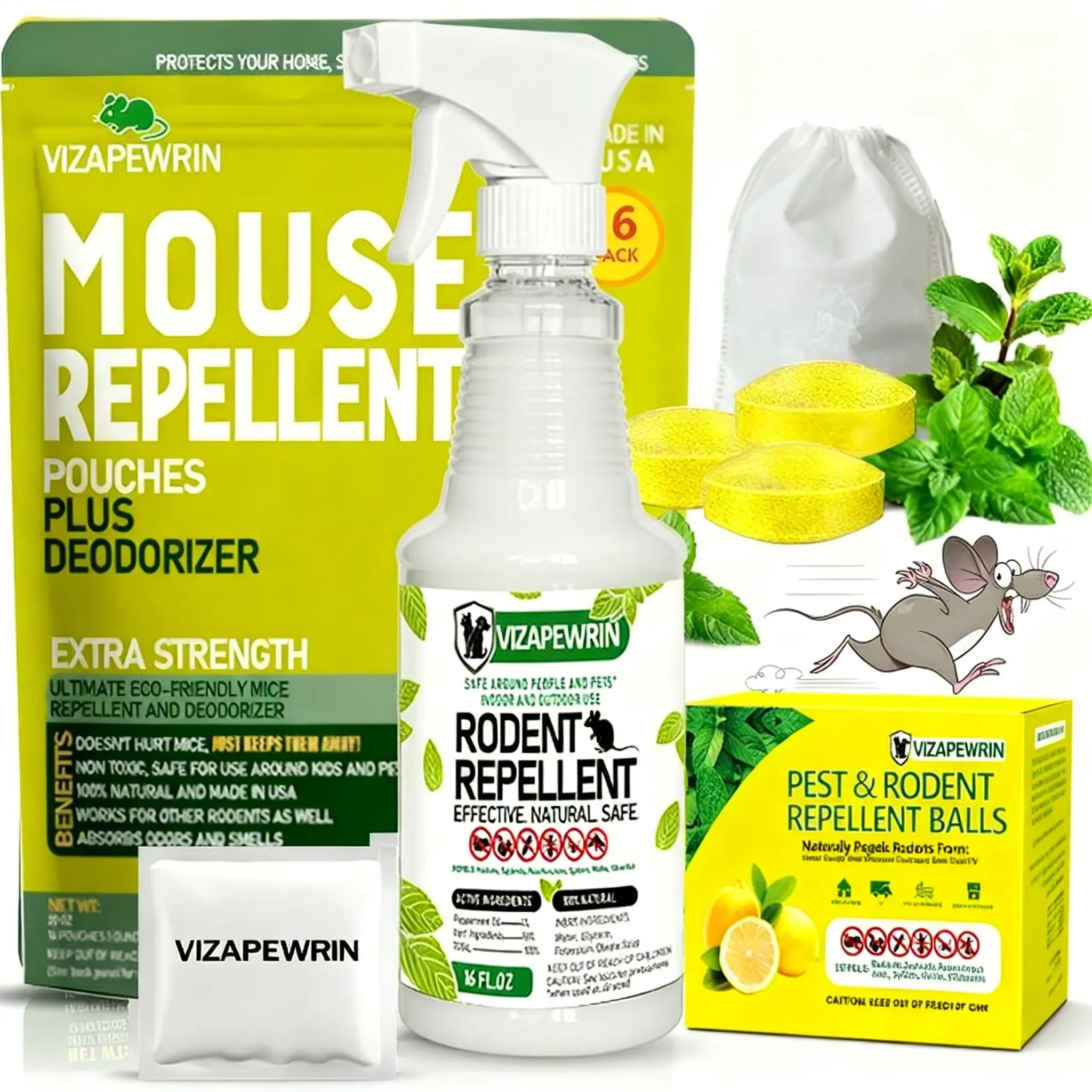 Mouse Repellent Kit- Mouse Repellent Pouches、Peppermint Oil Mouse Repellent Spray 16 oz、Repellent Balls - Natural Mice Deterrent for Indoor & Outdoor Use - Mouse & Rat Repellent Spray for Home, Car Engines, RV - Pet Safe Pest Contro