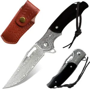Damascus Pocket Knife, Folding Knife, 67 layers Damascus Steel VG10 Steel Core Knife With Leather Sheath, Wood Handle, EDC Knife, Outdoor Knife Survival Knife, Collection Knife,Black Color Handle
