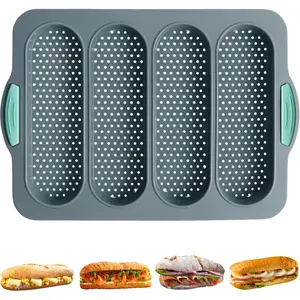 Baguette Bread Pan, Non-Stick  Grade  Bread Loaf Pan, 4 Cavity Perforated  Bread Baking Pan for Hoagie/Sub/Sandwich Rolls, Gray