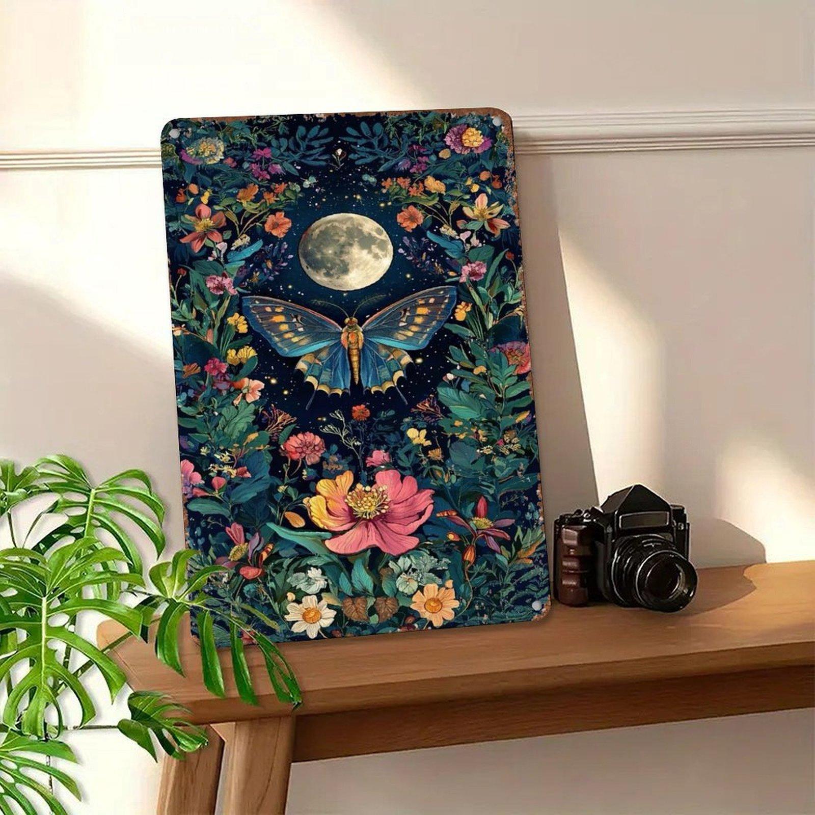 Moon Butterfly Floral Night Sky Metal Wall Art - 8x12 Inch Retro Aluminum Wall Decor for Bedroom, Living Room, Office - Boho Vintage Gift for Nature & Butterfly Lovers