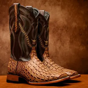 Honey Caiman Hornback Leather Boots - Square Toe