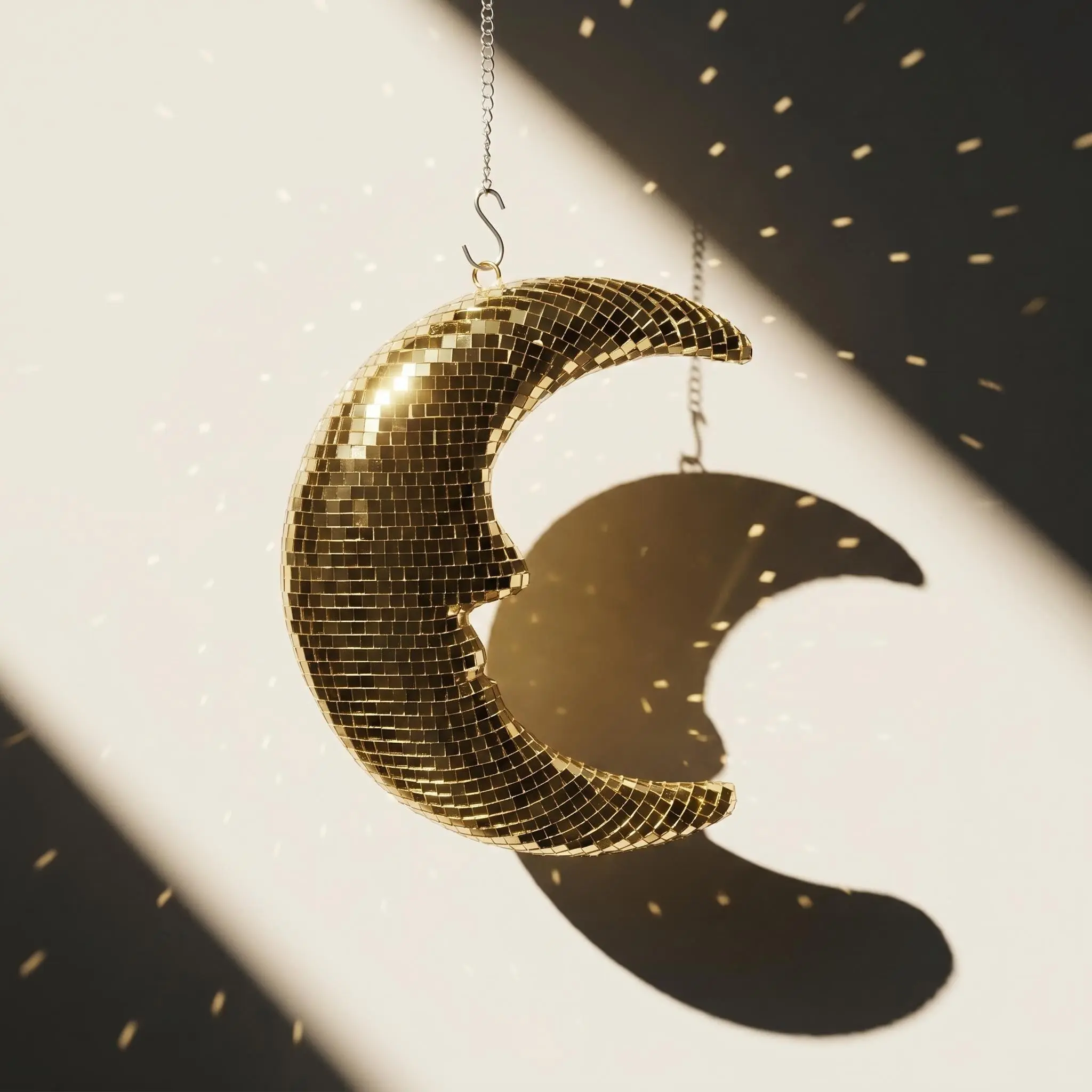 Retro Disco Shiny Moon Pendant, Reflective Mirror Ornament with Chain, Wall & Garden Holiday Home Decor