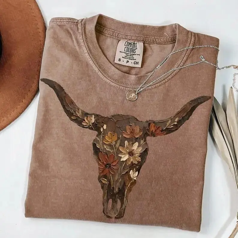 (Print) Comfort Colors Brushstroke Floral Western Cow Skull Tshirt, Cowboy Graphics Tee For Women And Men, Desert Western Art Apparel Made In The USA