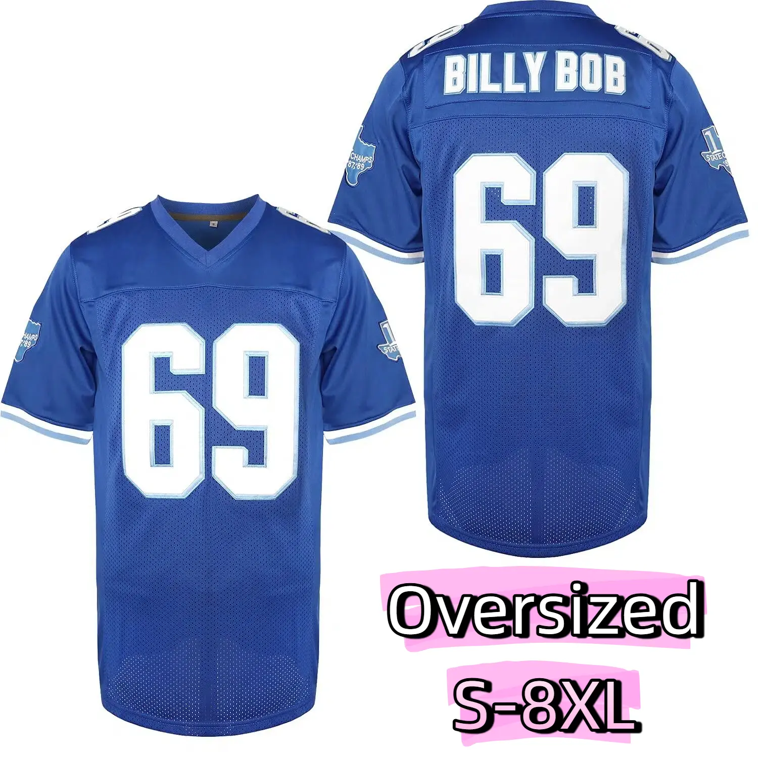 PLUS SIZE (S-8XL) #69 BillyBob Embroidery Men's Solid Short Sleeve Loose V-neck American Football Jersey, Outdoor Rugby Jersey For Team Training Oversize