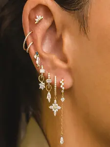 8-Piece Set of Exquisite 18K Gold-Plated Zirconia Leaf and Flower Earrings—Layered Earrings, Earring Stack, Dainty Earrings—Perfect for Women's Everyday Wear, Dates, and Parties
