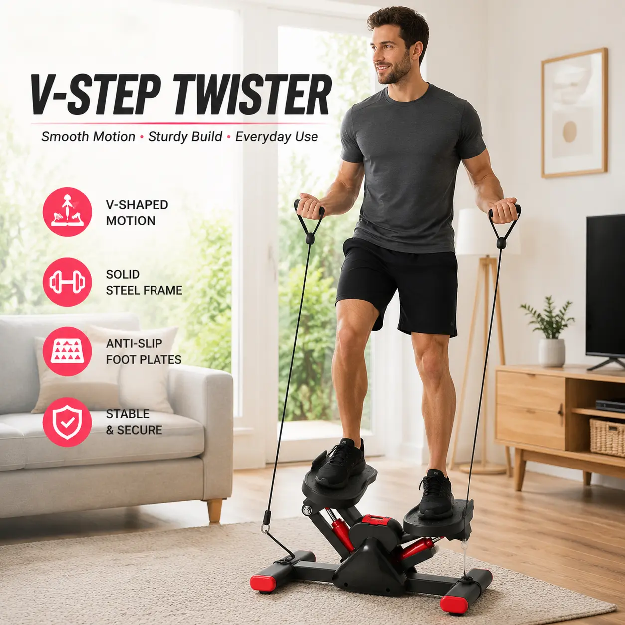V-Step Twister Machine - Compact Home Exercise Stepper with Smooth Motion Design, Quiet Operation, Anti-Slip Footplates, Anti-Slip Base for Indoor Daily Use, Anti-Slip Feet