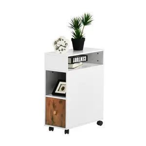 Homy Casa Fiora Slim Rolling Nightstand with Drawer & Door White Glossy Modern Bedside Storage Cabinet with Fire Pattern Accent Narrow Space-Saving Side Table on Wheels for Bedroom Kids Room Sofa Side